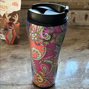 Vera Bradley Pink Orange Green Paisley Travel Tumbler with Black Lid